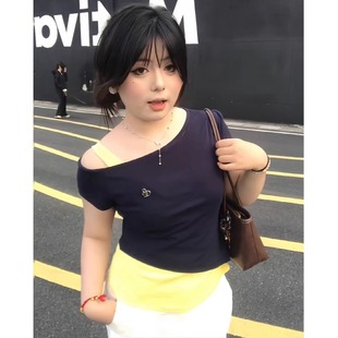 上衣 大码 胖mm韩系气质假两件撞色斜肩T恤夏季 新款 设计感显瘦短袖