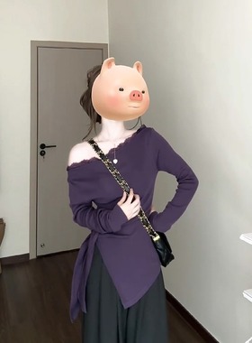 大码胖mm紫色收腰不规则长袖一字领露肩T恤秋季法式修身甜辣上衣