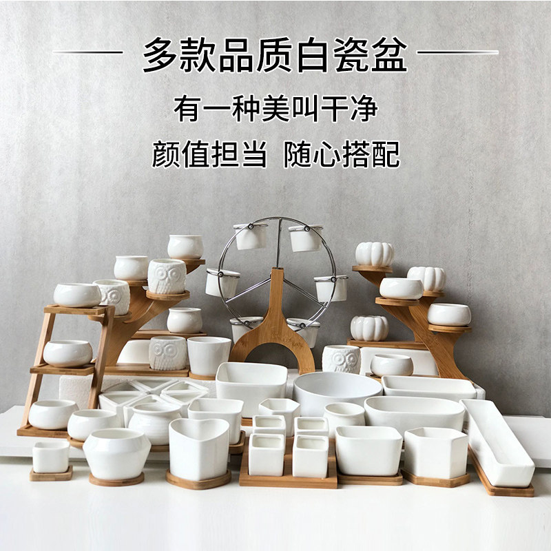 简约小花盆白色创意迷你肉肉陶瓷花盆 桌面家用白瓷小号套装盆栽