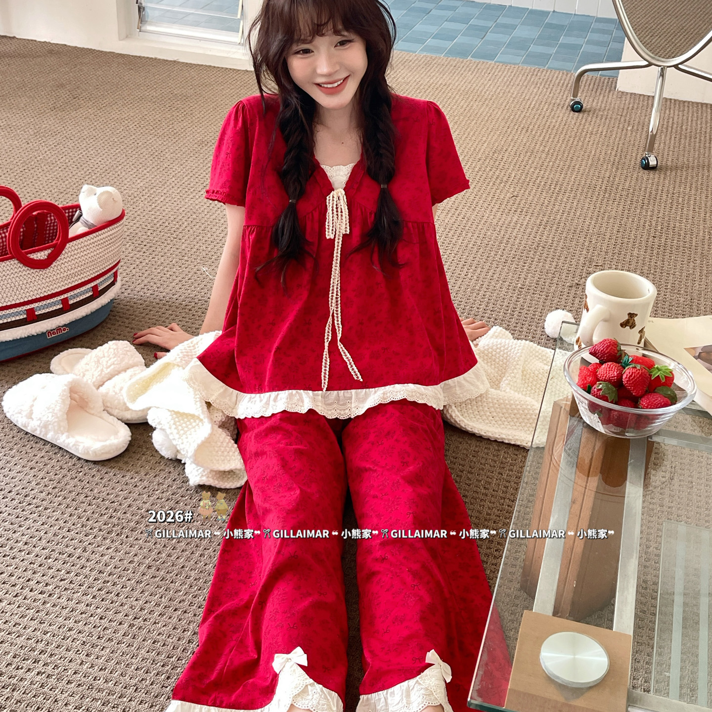 小熊家大红色睡衣女夏季纯棉薄款