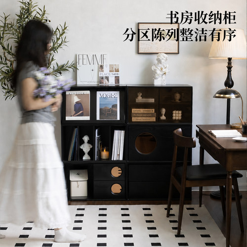 现代简约黑色实木展示柜免安装