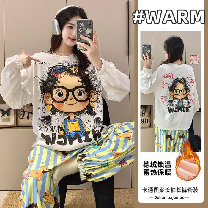 德绒睡衣女秋冬季保暖长袖可外穿女士大码套装卡通少女甜美家居服
