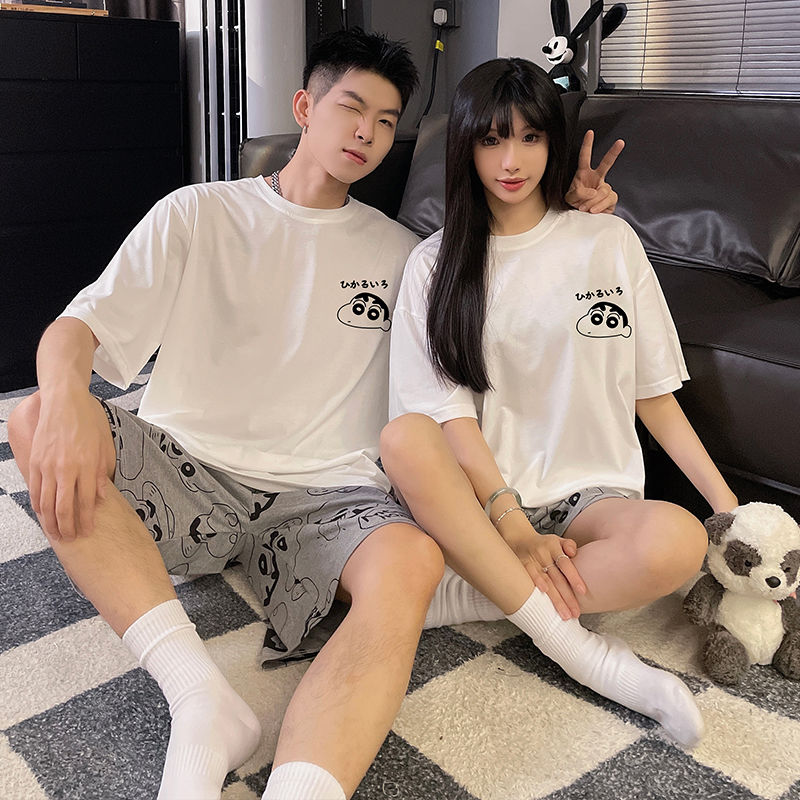 情侣装睡衣女纯棉夏季卡通可爱蜡笔小新薄款大码男家居服短袖套装