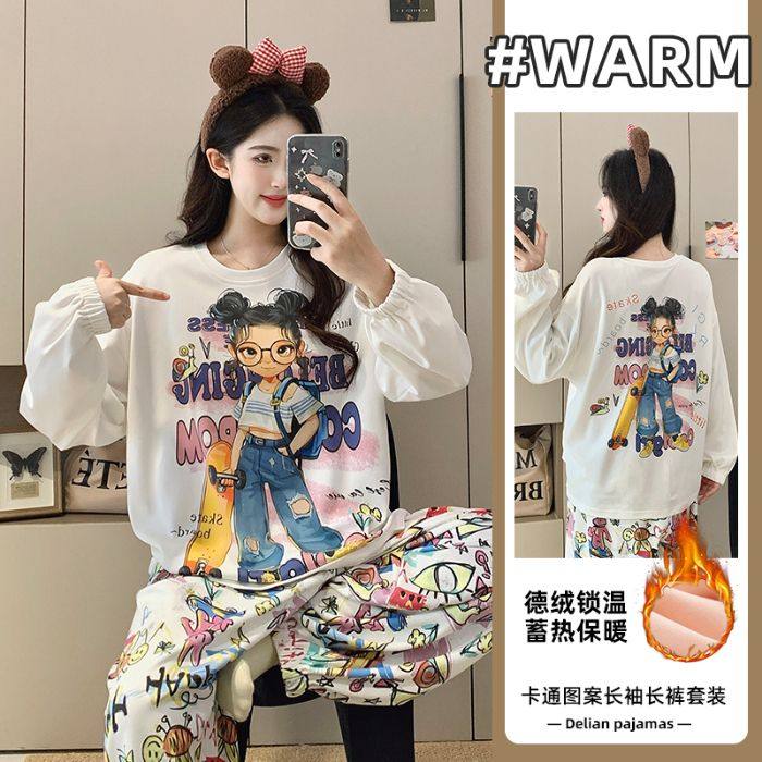 睡衣女款秋冬季德绒长袖卡通少女甜美大码薄绒加厚保暖家居服套装