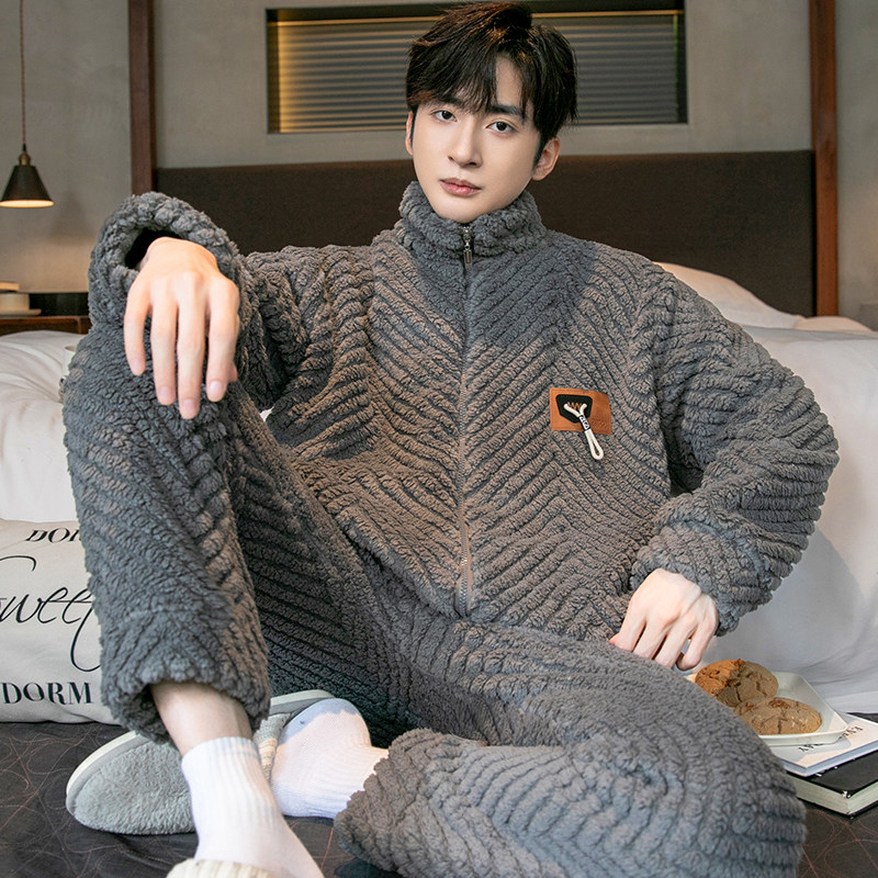 长毛绒睡衣男秋冬季珊瑚绒套装青年男款加绒加厚宽松家居服可外穿