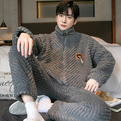 长毛绒睡衣男秋冬季珊瑚绒套装青年男款加绒加厚宽松家居服可外穿
