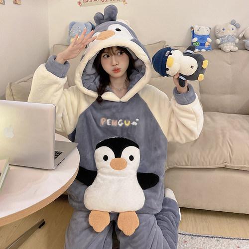 卡通企鹅连帽珊瑚绒睡衣女秋冬加厚可爱学生保暖法兰绒家居服套装