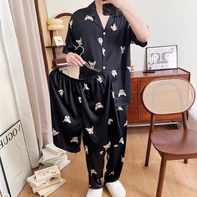 周深白鹿同款睡衣男夏季短袖冰丝三件套凉感薄款大码200斤家居服