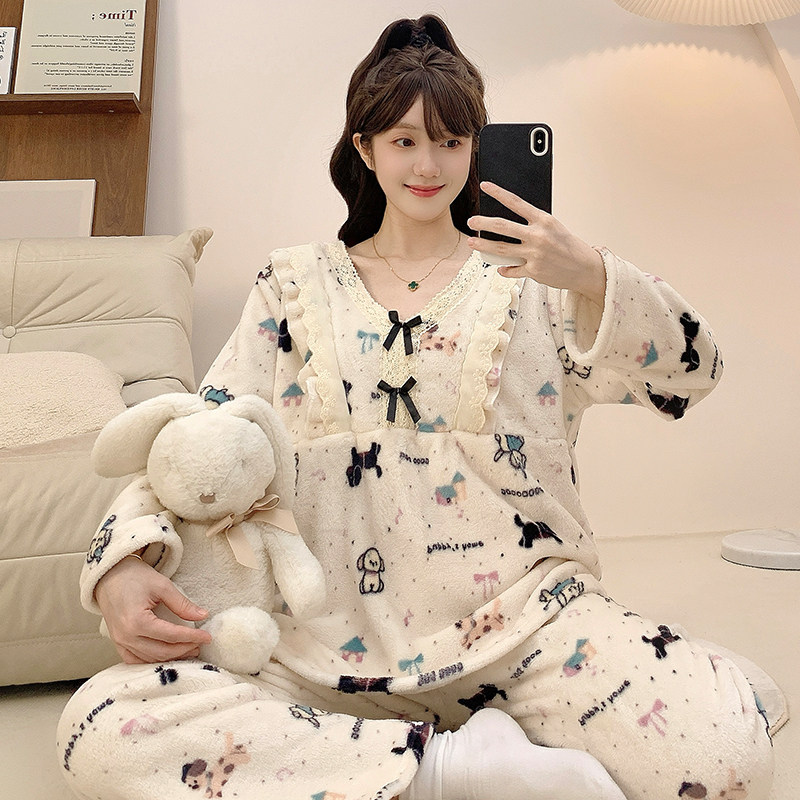 睡衣女秋冬季珊瑚绒加厚加大码胖m200斤甜美可爱卡通法兰绒家居服