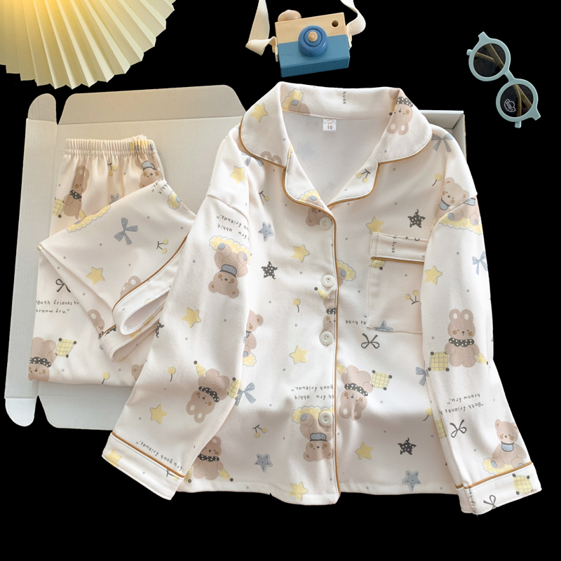 新款睡衣女士秋冬季德绒开衫甜美卡通可爱小熊长袖套装家居服外穿