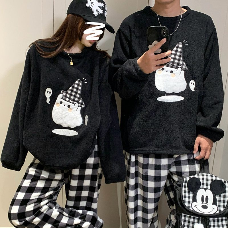 情侣睡衣女秋冬季米粒绒加厚加绒日系可爱卡通格子男士家居服套装