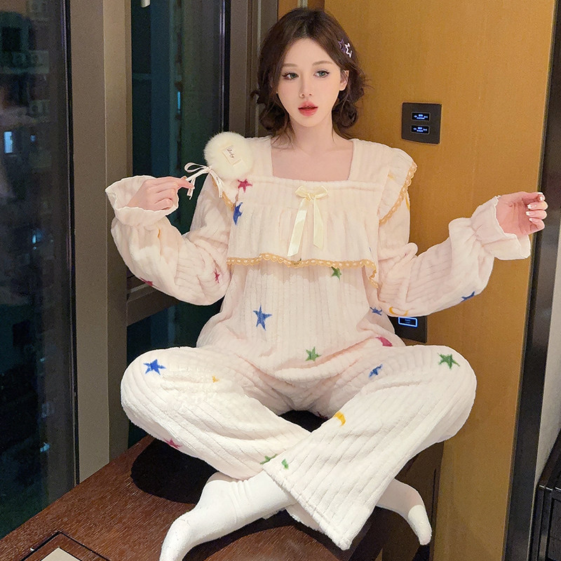 公主风睡衣女士秋冬季法兰绒加厚保暖长袖甜美休闲宽松家居服套装