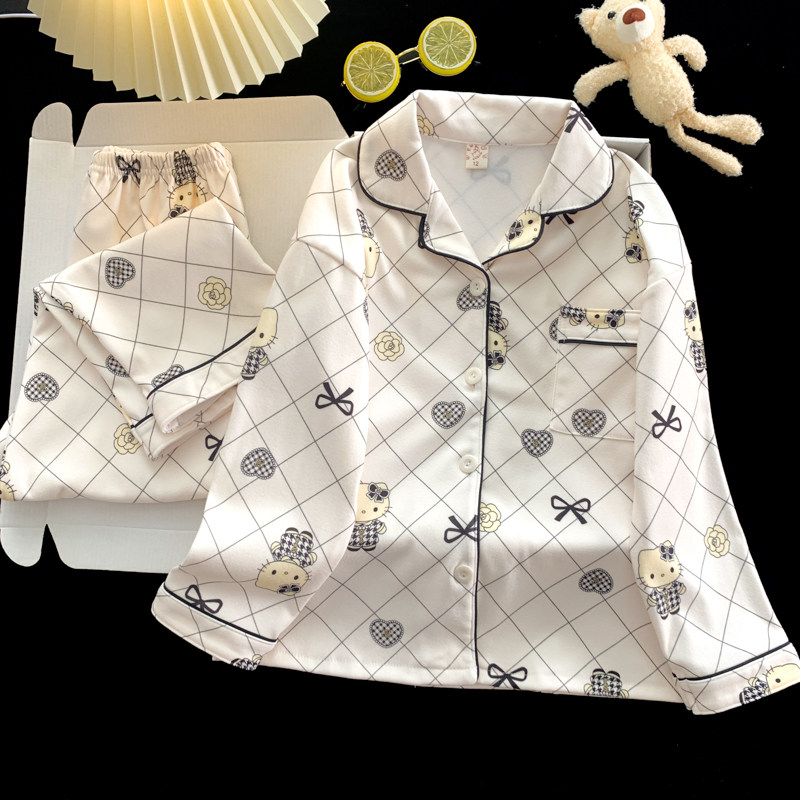 新款睡衣女士秋冬季德绒开衫甜美卡通可爱KT猫长袖套装休闲家居服