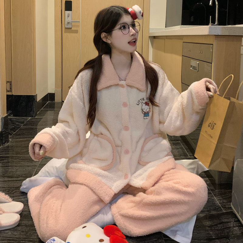 粉色KT猫睡衣女秋冬季珊瑚绒加厚保暖卡通家居服可外穿套装25新款