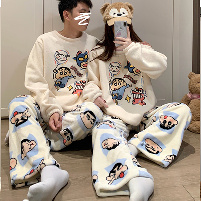 珊瑚绒情侣睡衣女秋冬季加绒加厚长袖套装男士蜡笔小新家居服冬天