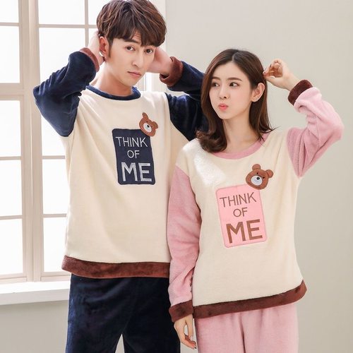 法兰绒情侣睡衣秋冬季加厚保暖珊瑚绒女款卡通冬天男士家居服套装
