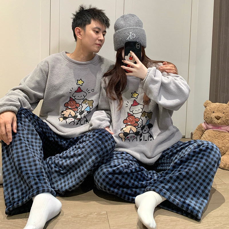 青少年睡衣男生款秋冬季珊瑚绒加厚保暖卡通初中生格子情侣家居服