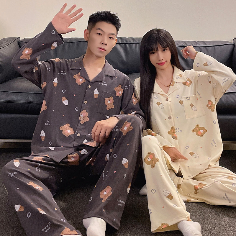 卡通可爱情侣睡衣女男士春秋季开衫长袖日系ins可外穿家居服套装