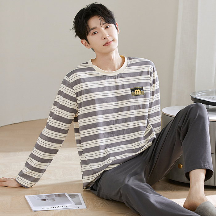 纯棉睡衣男士秋冬季2025新款学生条纹休闲宽松家居服套装可外穿