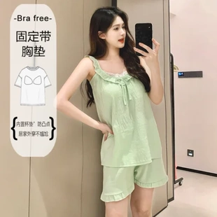 甜美家居服套装 新款 带胸垫薄款 睡衣女士夏季 外穿 纯棉吊带背心短裤