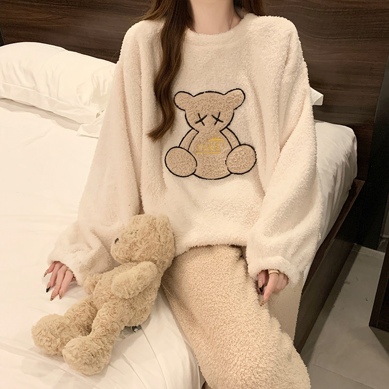 睡衣女款秋冬季半边绒加绒加厚保暖长袖保暖珊瑚绒卡通家居服套装