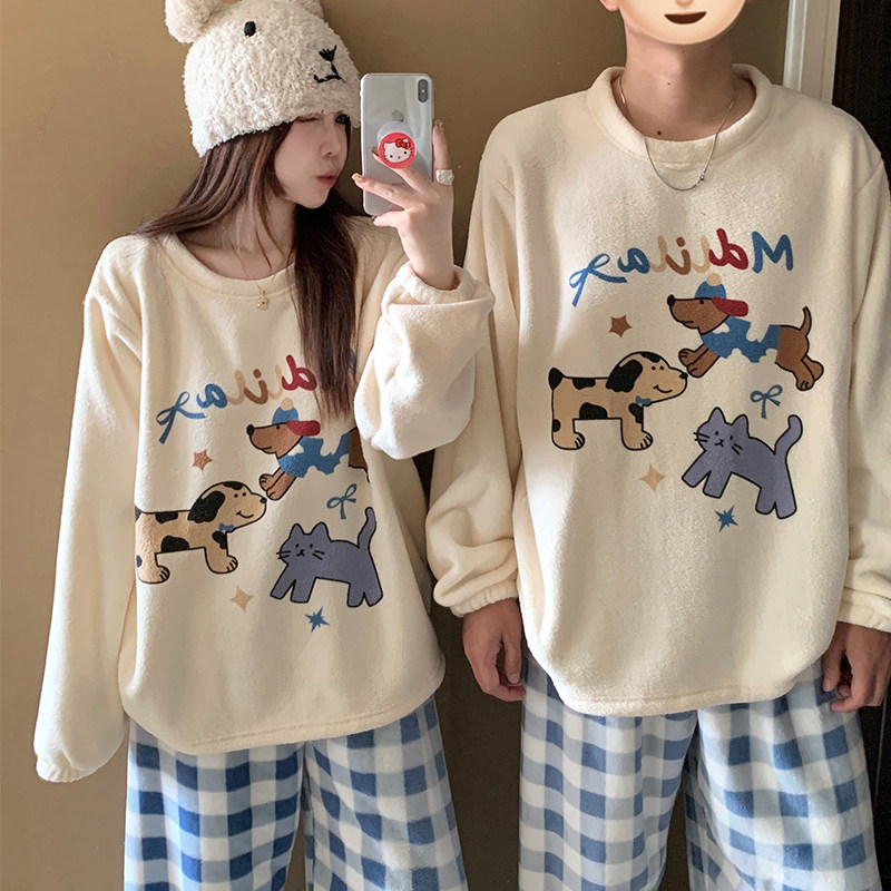 卡通腊肠狗米粒绒情侣睡衣女秋冬法兰绒高级感男士加厚家居服套装