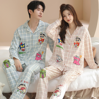 情侣睡衣春秋款纯棉格子长袖女士可爱卡通男士蜡笔小新秋冬家居服