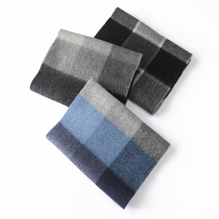 纯羊毛格子围巾男冬季格纹羊绒围脖灰色方格湖蓝色保暖生日礼物长