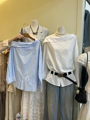 2025春季斜肩蕾丝袖口衬衣女设计百搭露肩衬衫上衣服