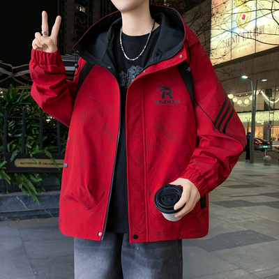 新款青少年连帽外套春秋季初高中学生帅气宽松夹克大童男孩冲锋衣