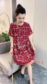 圆领宽松中长款 洋气红花天丝棉麻连衣裙女夏季 短袖 显瘦减龄休闲裙