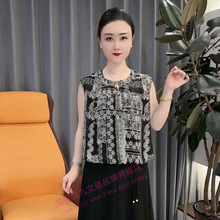 2025夏季新款时尚圆领印花无袖背心女气质中年妈妈百搭减龄上衣潮