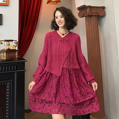 新款中长裙拼接圆领针织高级感