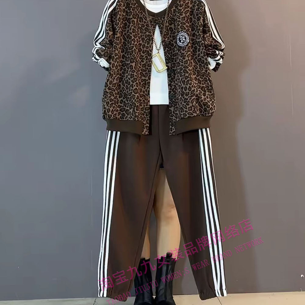 大码豹纹休闲套装女2025春秋新款