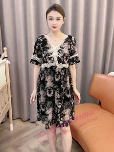 双蝴蝶结冰丝碎花家居服连衣裙夏季新款女装时尚中长款睡衣裙子