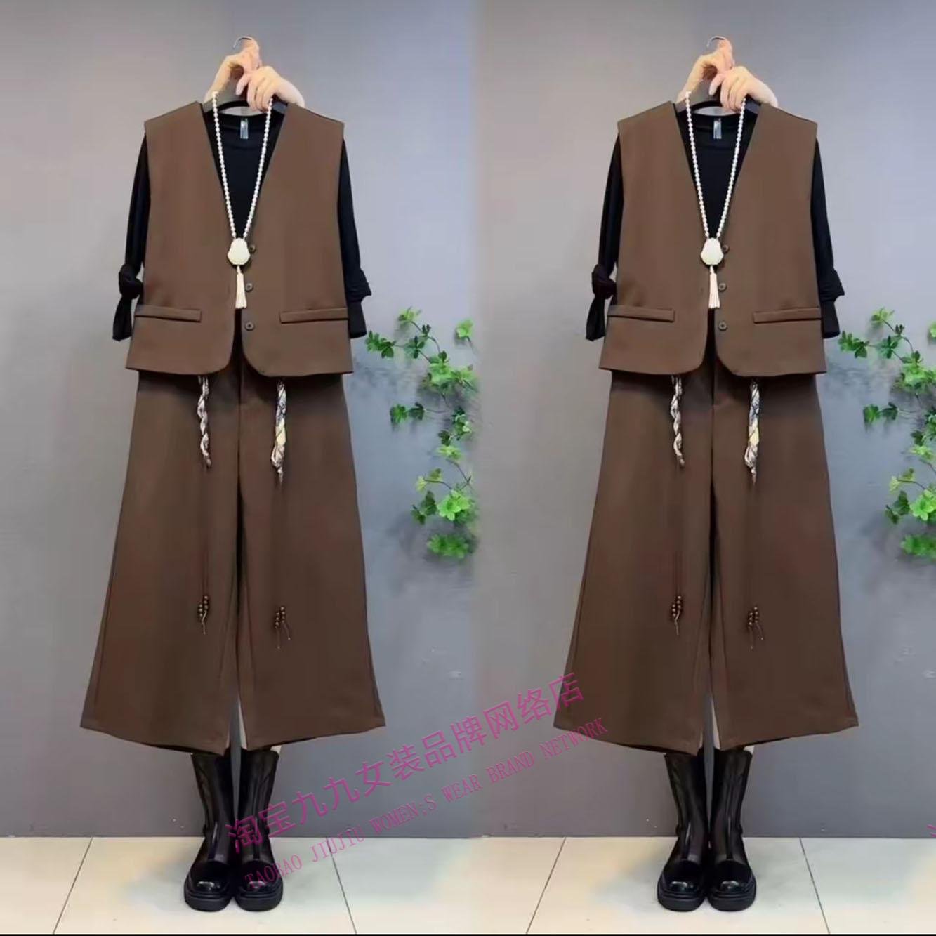 纯色圆领小衫开衫马甲裤子三件套