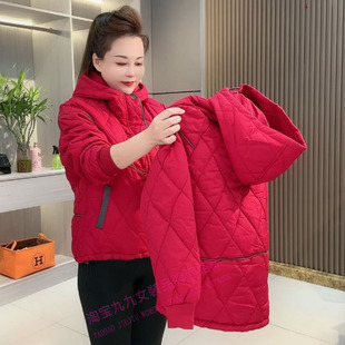 2025年秋冬新款连帽棉服外套女宽松休闲保暖菱形格中老年棉服外套