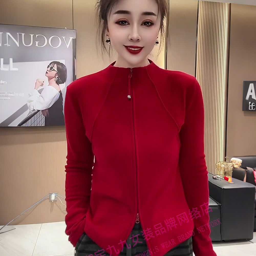 高级感红色拉链开衫长袖T恤女新款洋气百搭显瘦潮款打底上衣,女装/女士精品,T恤,淘宝优惠券,粉丝福利购,淘宝优惠卷