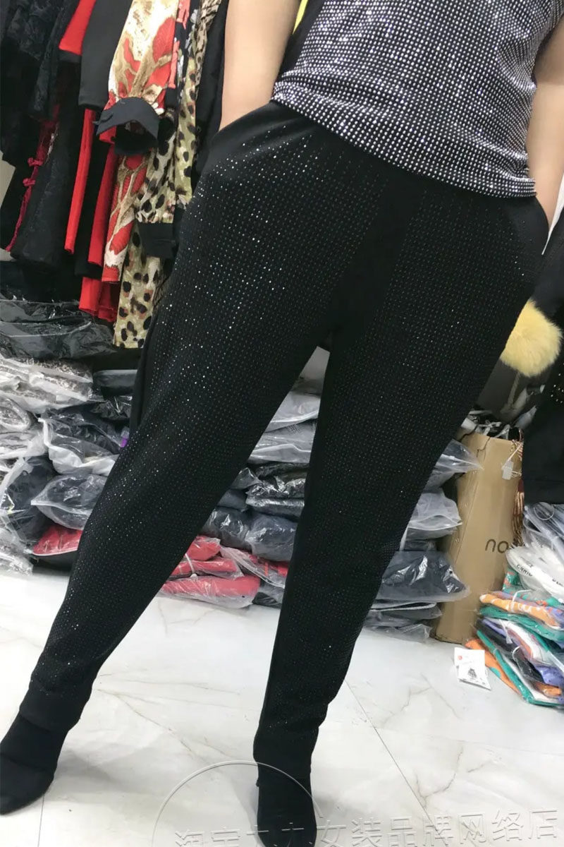 大码烫钻老爹休闲裤女士时尚百搭口袋松紧腰洋气显瘦黑色哈伦裤,女装/女士精品,休闲裤,淘宝优惠券,粉丝福利购,淘宝优惠卷