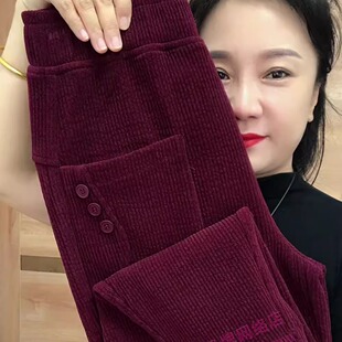 女高腰弹力宽松百搭洋气显瘦纯色奶奶裤 秋冬季 加厚雪尼尔休闲裤