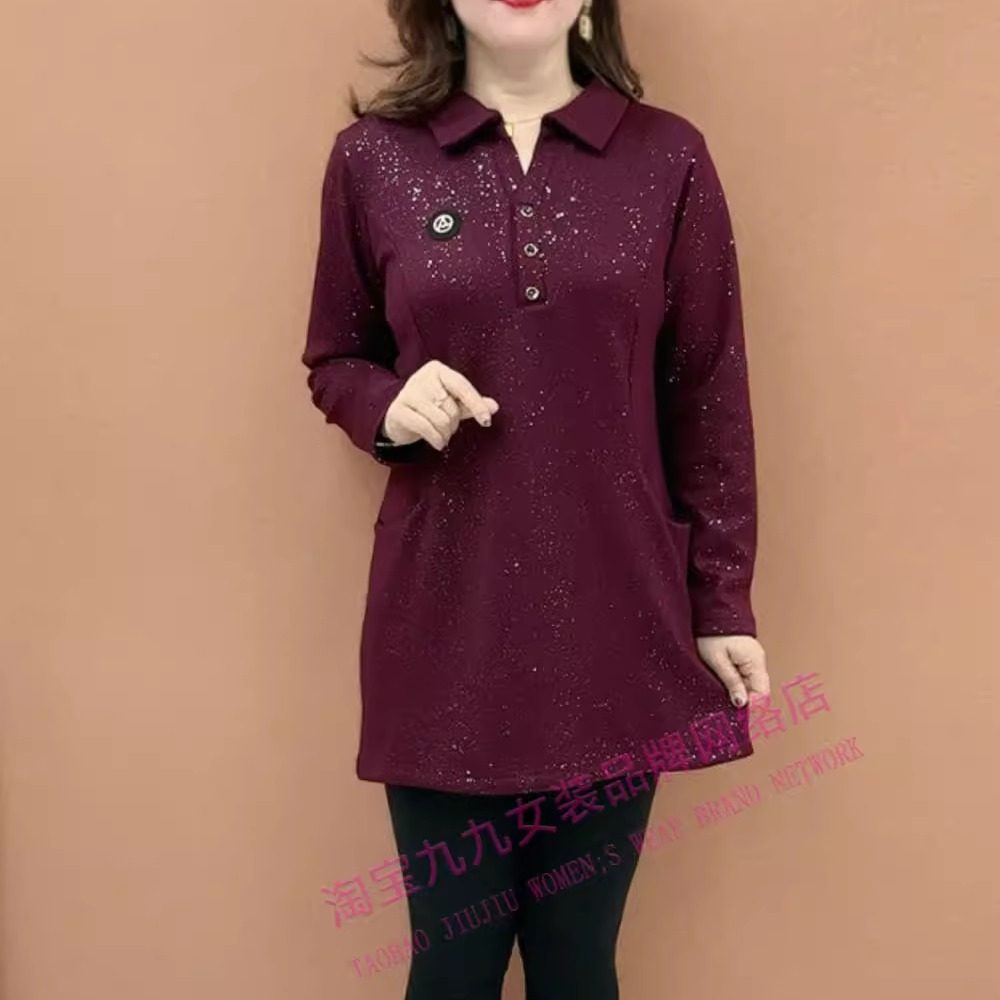 时尚烫钻翻领长袖中老年打底衫