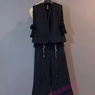欧洲站秋款简约气质马甲阔腿裤显瘦三件套女显瘦高级感大码套装