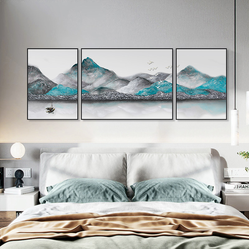 卧室床头背景墙装饰画房间主卧现代简约挂画中式风景创意三联壁画