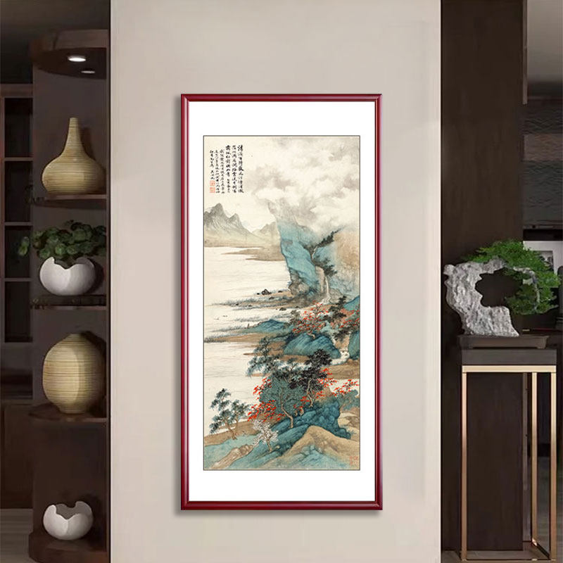 霜林烟浦图吴湖帆中式走廊玄关装饰画国画山水画挂画壁画入户定做