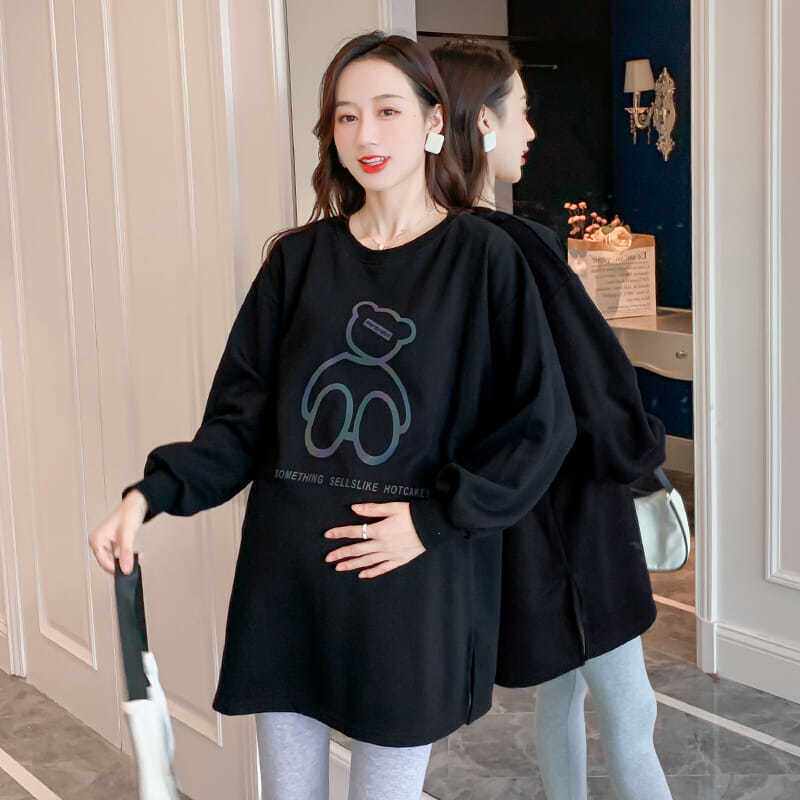 출산 착용 가을 새로운 긴팔 운동복 여성의 느슨한 대형 중간 길이 출산 탑 가을 겨울 투피스 양복