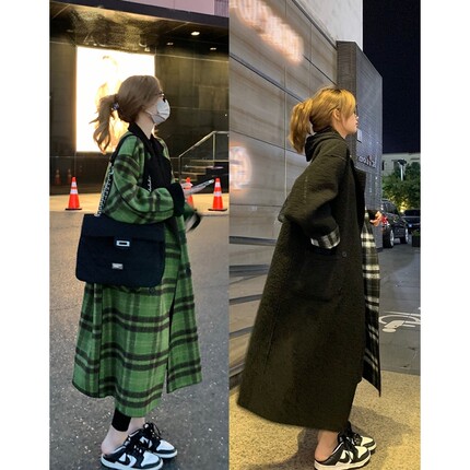 慵懒感中长款仿羊羔毛两面穿格子呢子大衣女冬温柔风加厚毛呢外套