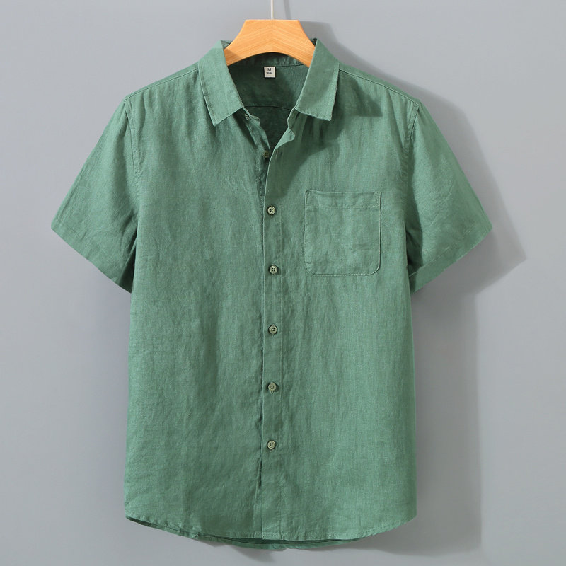 纯亚麻短袖衬衫夏季复古时尚纯色寸衫棉麻上衣服薄款休闲男士衬衣