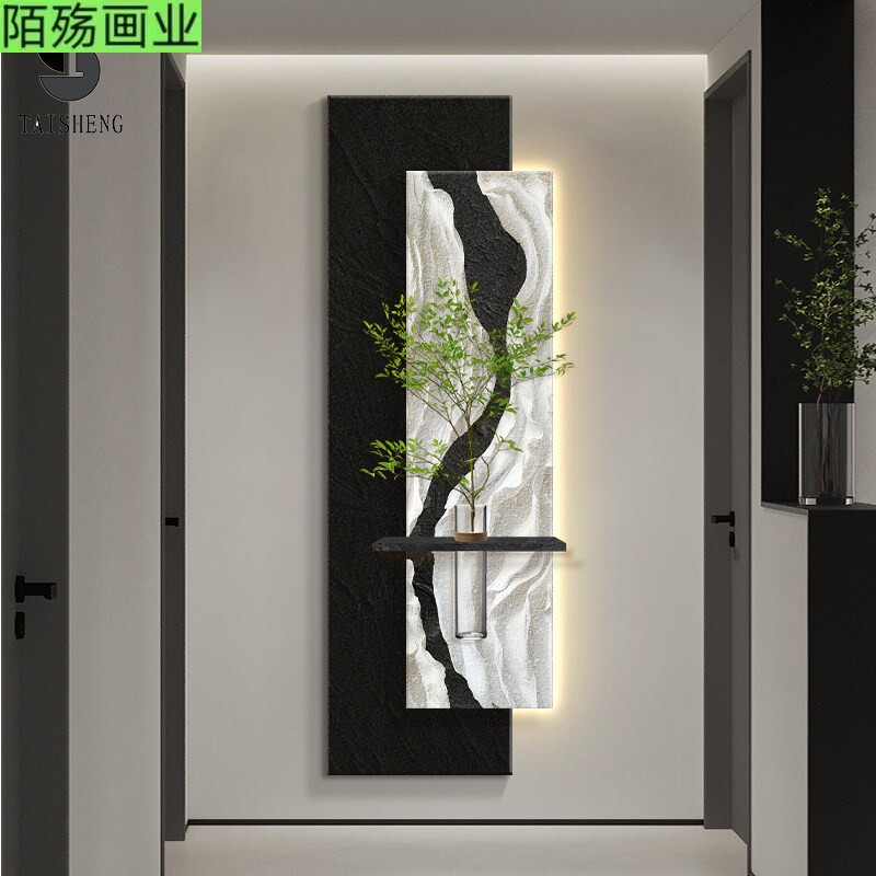 黑白简约水培绿植入户门玄关装饰画带灯走廊过道挂画砂岩抽象灯画