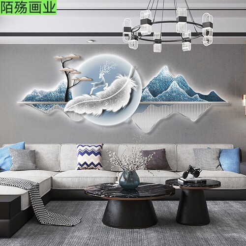 新款现代客厅沙发背景墙装饰画led灯发光挂画新中式大气山风景画