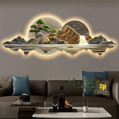 中式客厅装饰画现代简约沙发背景墙挂画大气餐厅茶室led氛围灯画